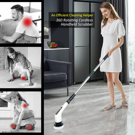 Electric Spin Scrubber, Cordless Bath Tub Power Scrubber with 8 Replaceable Drill Brush Heads, Shower Cleaning Brush with Adjustable Handle for Bathroom, Tile Floor & Car, White, (ANS-8050)