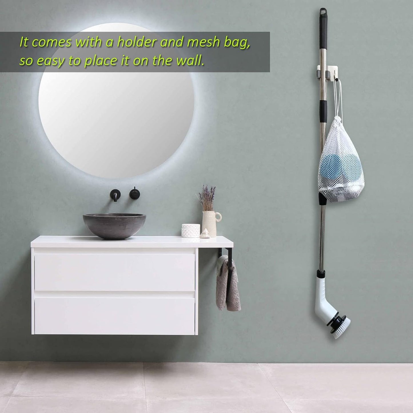 Electric Spin Scrubber, Cordless Bath Tub Power Scrubber with 8 Replaceable Drill Brush Heads, Shower Cleaning Brush with Adjustable Handle for Bathroom, Tile Floor & Car, White, (ANS-8050)