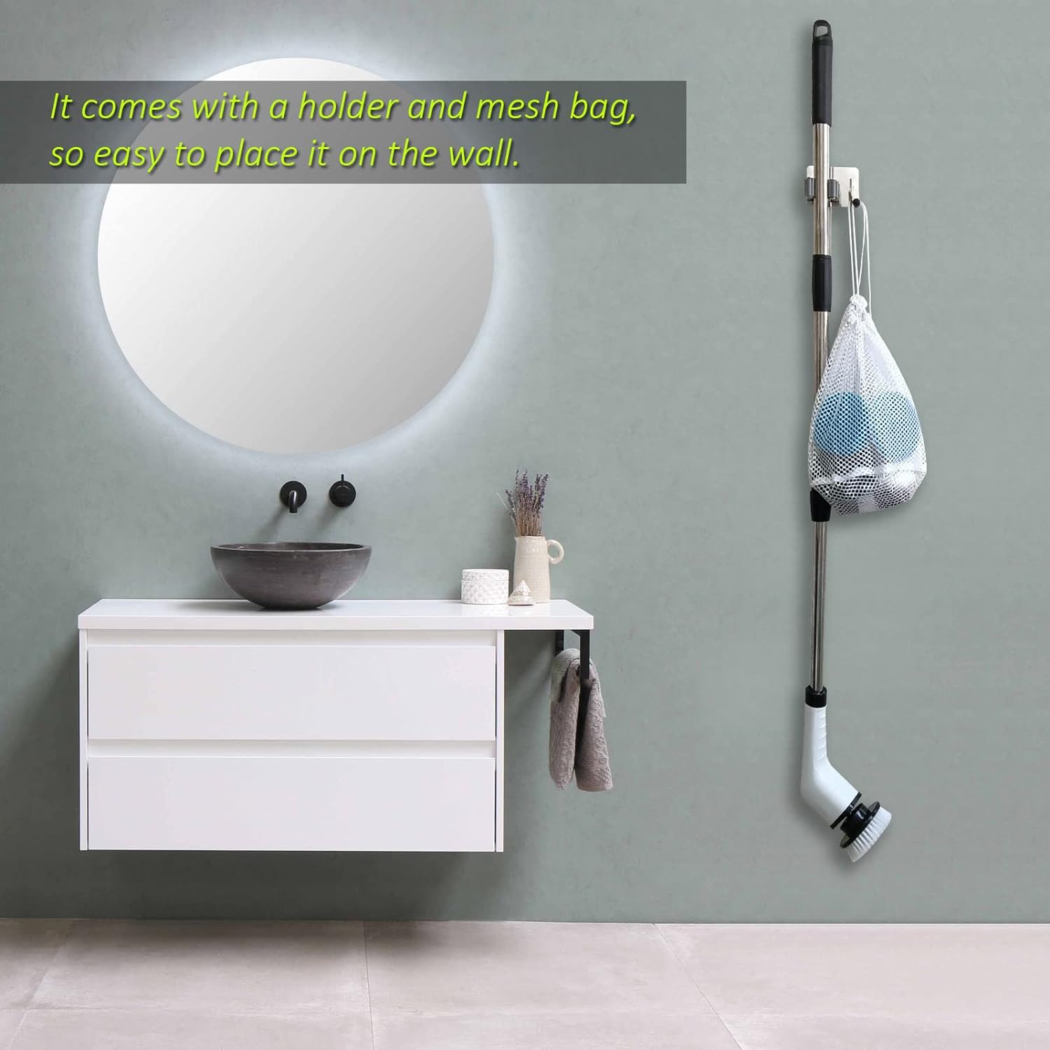 Electric Spin Scrubber, Cordless Bath Tub Power Scrubber with 8 Replaceable Drill Brush Heads, Shower Cleaning Brush with Adjustable Handle for Bathroom, Tile Floor & Car, White, (ANS-8050)